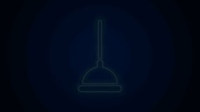 Glowing neon line Rubber plunger with wooden handle for pipe cleaning icon isolated on black background. Toilet plunger. 4K Video motion graphic animation.
