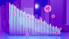 abstract graph of descending columns or bars around which coronaviruses like covid-19 fly. Concept of decline, slowing economic growth amid a pandemic. 3d infographic looping background in 4k. - Powered by Shutterstock - Get 15% off with code: PIKWIZARD15