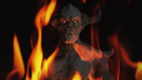 Animation of the appearance of a devil from the darkness or fire. Horror or religion scene.