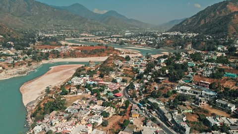 Aerial view of Srinagar city in Pauri Garhwal, the Indian state of Uttarakhand. located at the bank of Alaknanda river, 4K Indian city Drone shot