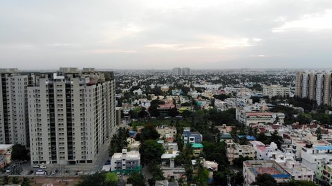 An aerial drone shot of buildings, city buildings during sunset, Chennai City - Chennai, on the Bay of Bengal in eastern India, is the capital of the state of Tamil Nadu.