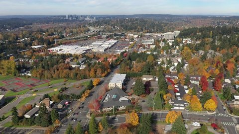 Aerial / drone footage of Mall in Factoria, Newport Shores, Lake Heights, Somerset, Bellevue, Norwood Village near Seattle, King County, Washington