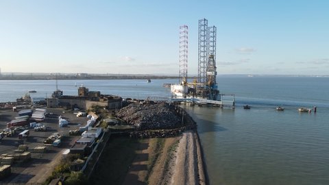 Rising drone footage Oil rig moored at Sheerness