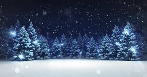 Snow covered winter forest under stormy snowfall and dark sky. Winter scene as 4k animation loop. 