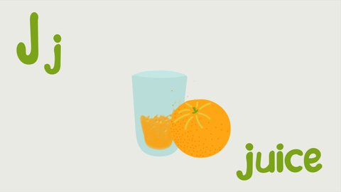 Animated glass of orange juice. Animated English alphabet. Letter J. Bright video for your kids vlog or website. Motion design.