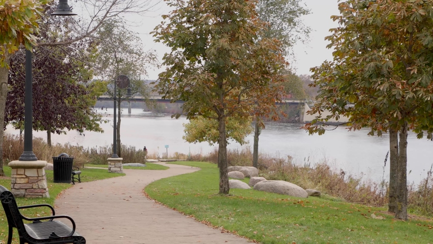 Beautiful urban city park by the river. Phoenix Park in Eau Claire, Wisconsin