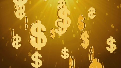 Shiny Golden World US Dollar Currency Signs Falling Down in Slow Motion 3D Loop Background Animation. money, stock, digital currency, Bitcoin, blockchain, Stock Market, finance business