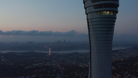 Istanbul TV Tower on Hill with epic view over all of Istanbul, Turkey at Dusk, Istanbul, Turkey on September 17th 2020