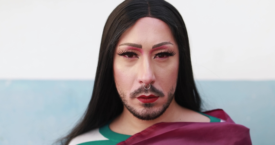 Portrait of a drag queen during gay pride protest outdoor - Lgbt and transgender concept  | Shutterstock HD Video #1062202075