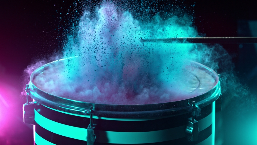 Super Slow Motion Shot of Drum Hit with Color Powder Explosion at 1000 fps. | Shutterstock HD Video #1062202804
