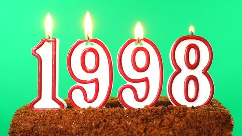 Cake with the number 1998 lighted candle. Last century date. Chroma key. Green Screen. Isolated.
