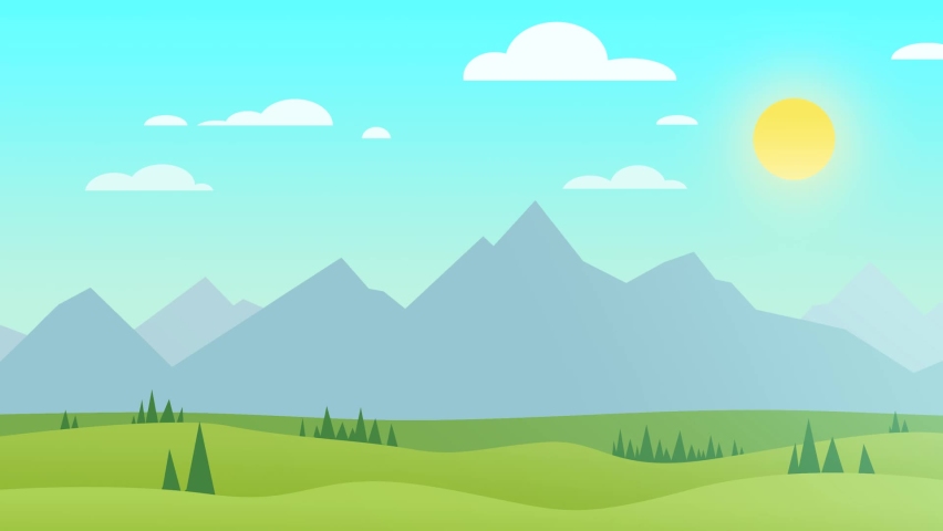 from sunset to moonrise at night - colorful cartoon animation of a drawing with beautiful nature landscape with mountains, trees and a sky with clouds and stars