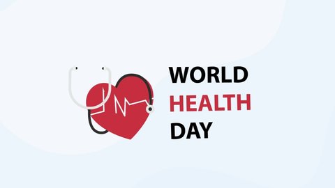 Animated cartoon design of heart symbol with stethoscope and world health day text. Shot in 4k resolution