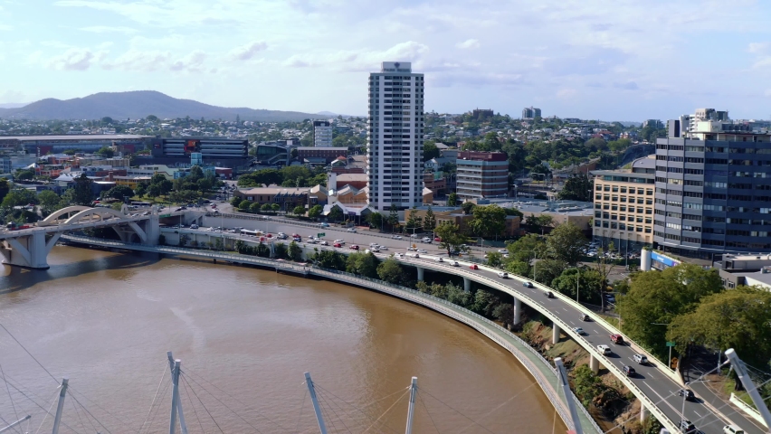 Brisbane City, Queensland, Australia - Wonderful View Of A Long Bridge and Different Buildings - Aerial Shot