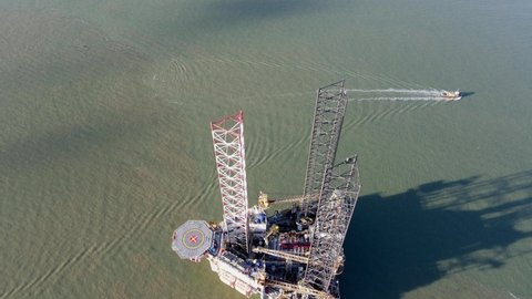 Oil rig moored at Sheerness overhead Aerial footage