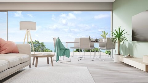 Table on wooden floor of bright dining room near large living room and sofa against TV in modern beach house or luxury villa. Home interior 3d rendering with sea view.