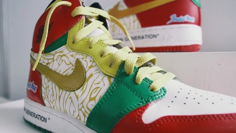 Jakarta, Indonesia - February 29, 2020: Air Jordan Nike shoes custom with logo Indomie instant noodle made in Indonesia.