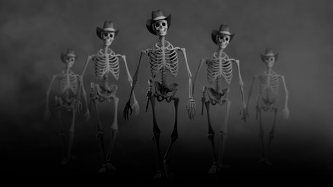 Gang of Skeleton Gunslingers Walking - 3D Illustration - Shallow Depth of Field