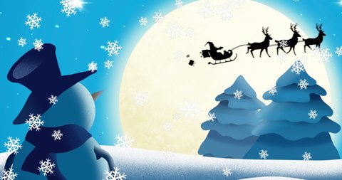 Animation of snowman looking at silhouette of santa claus in sleigh being pulled by reindeer and winter christmas scenery with snow falling and full moon. 