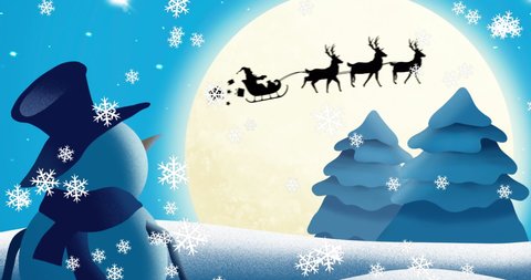 Animation of snowman looking at silhouette of santa claus in sleigh being pulled by reindeer and winter christmas scenery with snow falling and full moon. christmas festivity celebration concept
