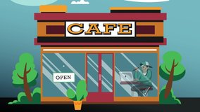 4k cartoon of cafe view on the street with visitor inside seen through the window.