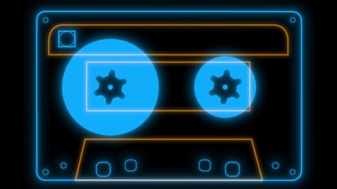 Vintage neon cassette tape animation template. Music notes and spectrum. Music equalizer concept visualization. Audio waveform of music or sound wave footage.