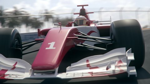 Dynamic front view shot of a formula one race car driving around a curve with grandstands in background - realistic high quality 3d animation - my own car design - no copyright/trademark infringement
