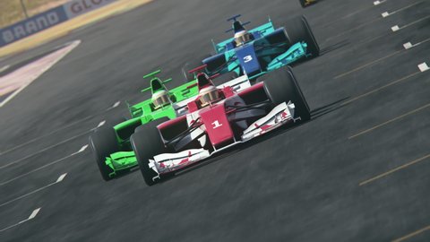 Generic formula one race cars racing along the homestretch over the finish line - dynamic front view camera – multiple cars – realistic high quality 3d animation
