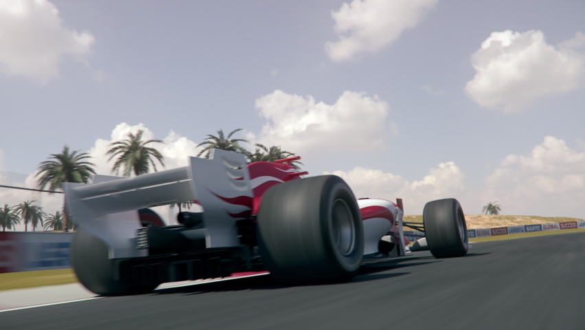 Dynamic rear view shot of a generic formula one race car driving along the race track - realistic high quality 3d animation - my own car design - no copyright/trademark infringement
 Royalty-Free Stock Footage #1062226081