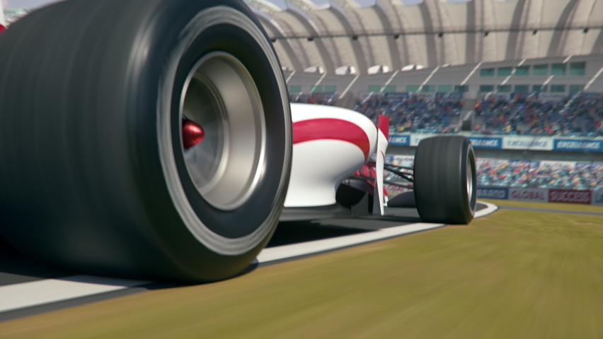 Dynamic rear view shot of a generic formula one race car driving along the race track - realistic high quality 3d animation - my own car design - no copyright/trademark infringement

