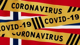 Animated concept caution quarantine. warning tape over Norway flag. Covid-19 Virus tape. Isolation attention animated motion graphic concept video.  Corona virus pandemic information.