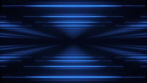 Abstract blue futuristic background. Space from glowing neon light triangle tubes of astera on black background. Technology, VJ concept. Led lamp. Horizontal view. Seamless loop 3d animation of 4K