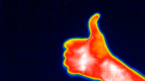 Thermal spectrum camera show hand temperature. Hand count to five then gesture like. Thermograph concept