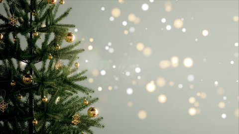Christmas tree decorated with golden ball and snowflake with a bokeh lights background, 3d rendering blur background and fir tree for Christmas and New Year party or decoration idea.