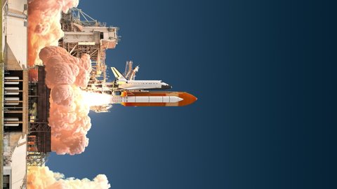 Vertical video of space shuttle launch. Realistic and high detailed 3D animation. 4K. Ultra high definition. 3840x2160.