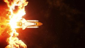 Vertical video of night launch of space shuttle. Slow motion. 4K. 3840x2160. UHD. 3D animation.