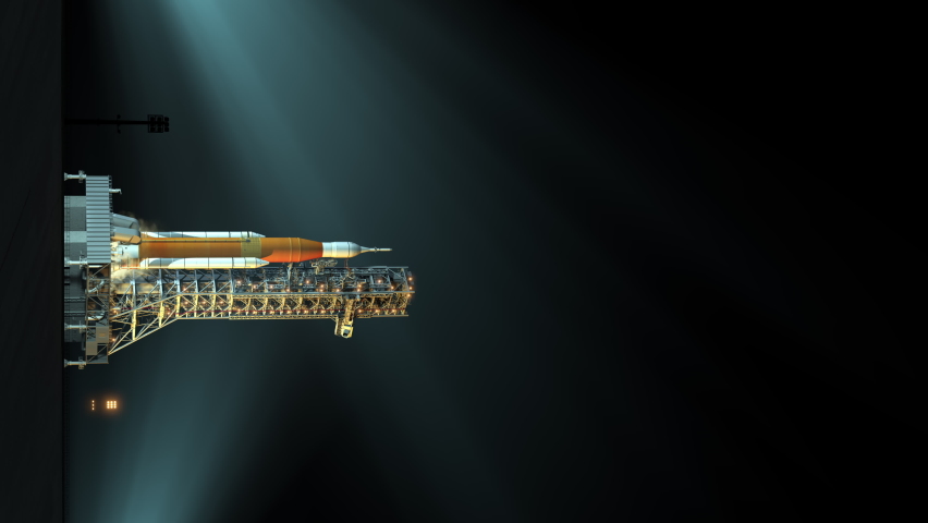 Vertical video of space launch system night takes off. Slow motion. (Real Speed x 2). Realistic and high detailed 3D animation. Ultra high definition. 3840x2160.