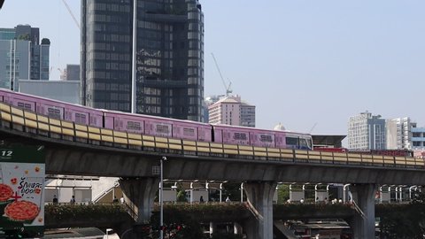 BANGKOK, THAILAND - NOVEMBER 09: BTS sky train is moving into the station Victory Monument on November 09, 2020 in Bangkok, Thailand.
