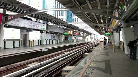 BTS Bangkok Mass Transit System, sky train arriving to station : 12 November 2020 - Bangkok, Thailand.