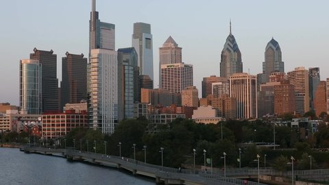 PHILADELPHIA, PENNSYLVANIA - SEPTEMBER 29, 2019: Beautiful Philadelphia Cityscape with Skyscrapers and River in Background. Pennsylvania