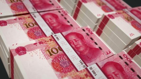 Chinese yuan money pack loop 3d animation. Camera over the 100 China RMB banknote bundle stacks. Loopable seamless concept financial growth, economy crisis, business and Renminbi recession.