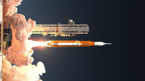 Vertical video. Space launch system takes off. Realistic and high detailed 3D animation. 4K. Ultra high definition. 3840x2160.