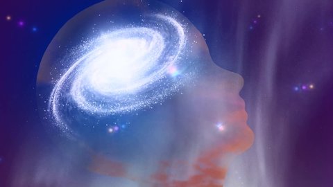 Universal mind. Galaxy inside transparent human head. High quality FullHD footage