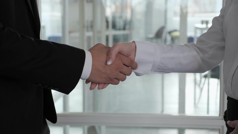 Close up of two business partners have a financial agreement, a man and a woman shake hands in the office of a large company