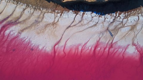 scenery drone flight over pink lake shore with wide dry salt coast and two people with long shadows walking along water. amazing aerial landscape nature beauty