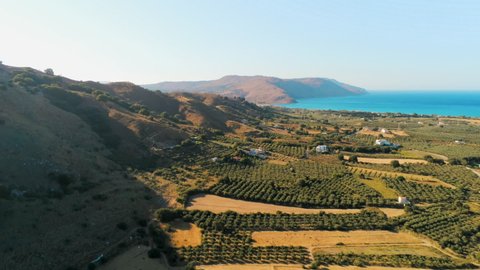 Aerial Nature Greek Landscape with Sea, Mountain, Olive Trees and Houses in Crete. Vacation and Tourism Destination in Summer.