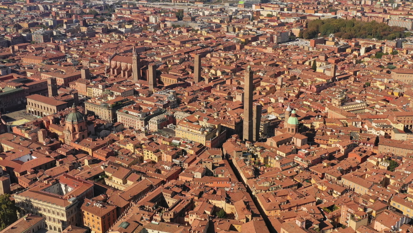 Aerial view of Bologna, historic center of city with iconic landmark Two Towers (Le due torri) - landscape panorama of Italy from above, Europe Royalty-Free Stock Footage #1062258256