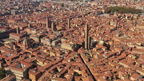 Aerial view of Bologna, historic center of city with iconic landmark Two Towers (Le due torri) - landscape panorama of Italy from above, Europe