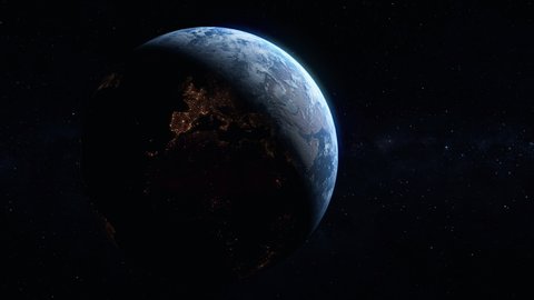 Photo realistic 3D earth in space. Sunrise view above Europe and Africa from space. Planet earth from space. Clip contains space, stars, europe, africa, cosmos, sea, earth, sunrise. [ProRes - UHD 4K]