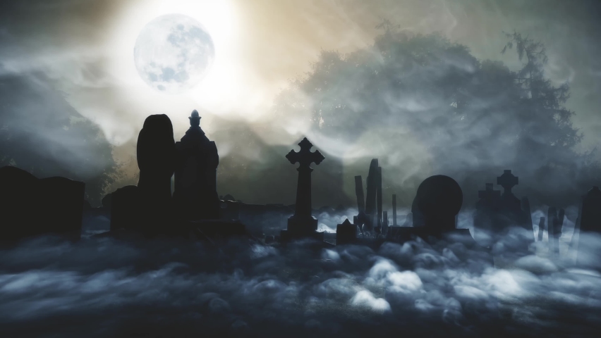 Full Moon over a spooky cemetery with silhouette headstones and rolling low lying fog. Royalty-Free Stock Footage #1062261814